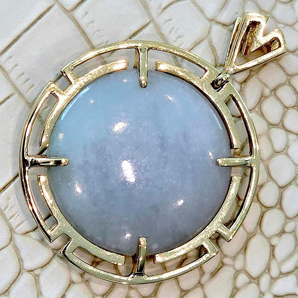 Rare Vintage Round Blue Green Jade or Opal Pendant -14k 1.5" Long with Bale.